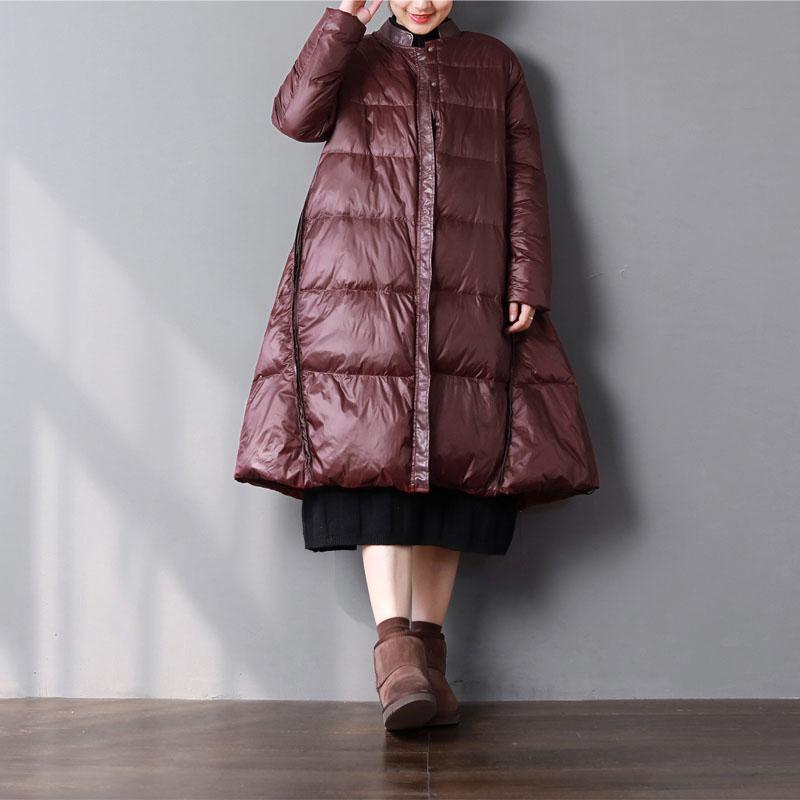 Warm burgundy duck down coat plus size clothing stand collar snow pockets large hem coats - Omychic