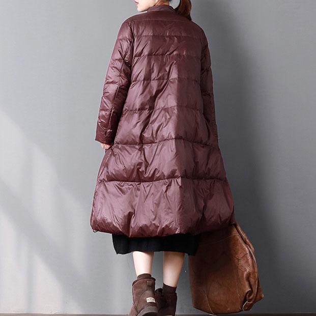 Warm burgundy duck down coat plus size clothing stand collar snow pockets large hem coats - Omychic