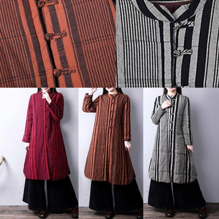 Warm burgundy striped women plus size stand collar sideYZ-2018111431 - Omychic