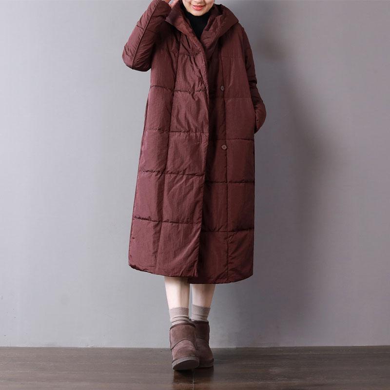 Warm burgundy women parka plus size clothing hooded Casual pockets Button Down winter coats - Omychic