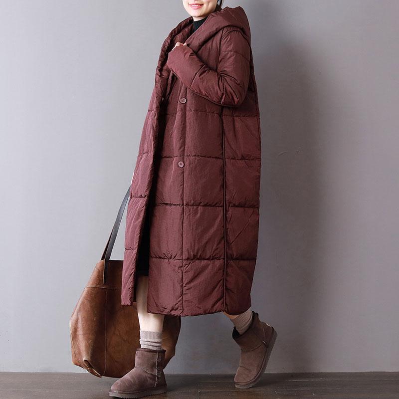 Warm burgundy women parka plus size clothing hooded Casual pockets Button Down winter coats - Omychic