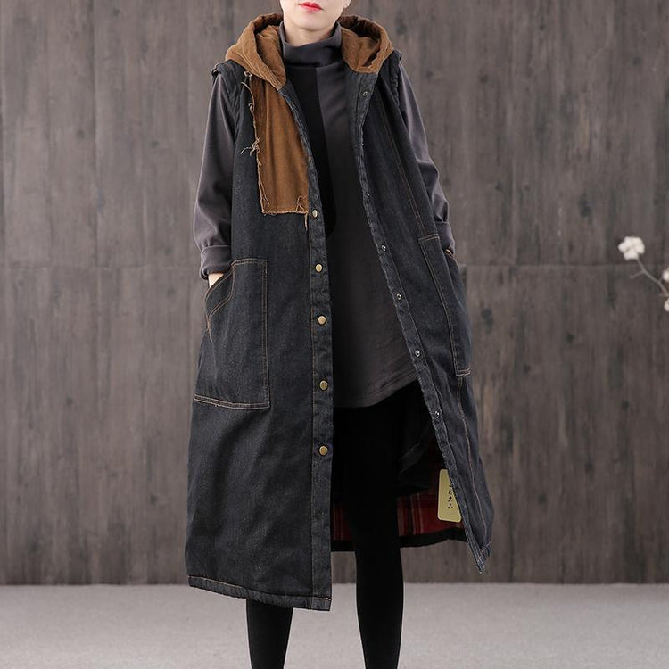 Warm denim black Parkas for women casual Coats outwear hooded pockets sleeveless - Omychic