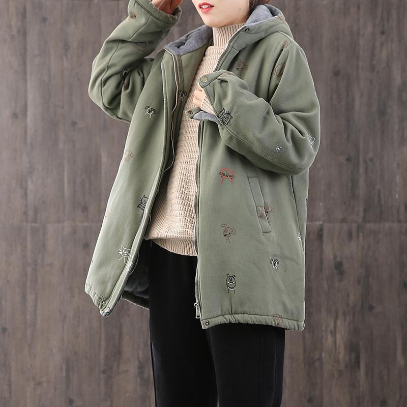 Warm green embroidery Parkas for women casual hooded drawstring winter coats - Omychic