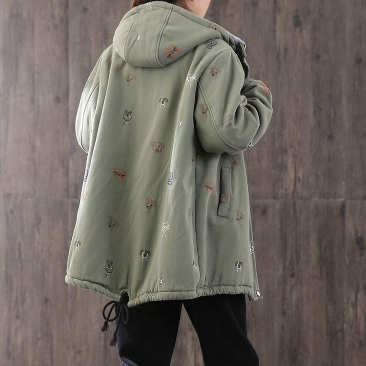 Warm green embroidery Parkas for women casual hooded drawstring winter coats - Omychic