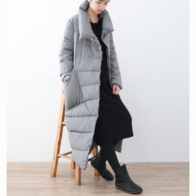 Warm light gray down overcoat oversize stand collar down jacket Casual pockets coats - Omychic