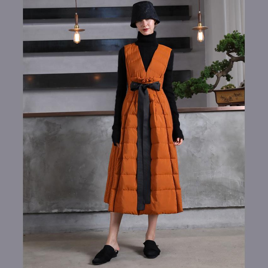 Warm orange goose Down dress Loose fitting v neck snow maxi dress tie waist winter dresses - Omychic