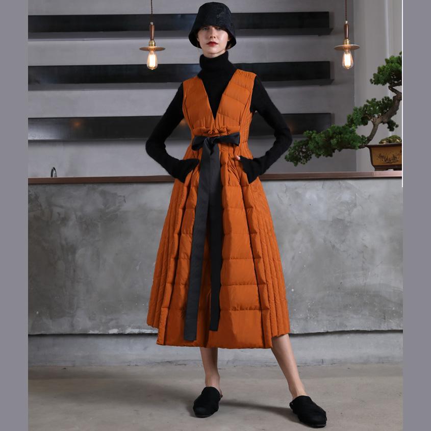 Warm orange goose Down dress Loose fitting v neck snow maxi dress tie waist winter dresses - Omychic