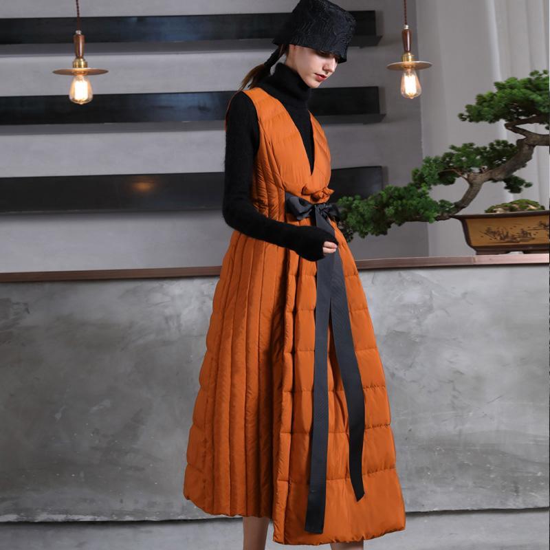 Warm orange goose Down dress Loose fitting v neck snow maxi dress tie waist winter dresses - Omychic