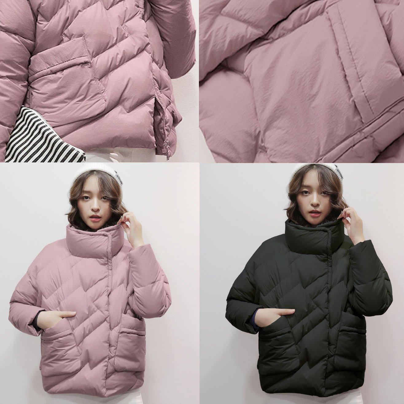 Warm pink down jacket woman plus size stand collar winter jacket zippered winter outwear - Omychic