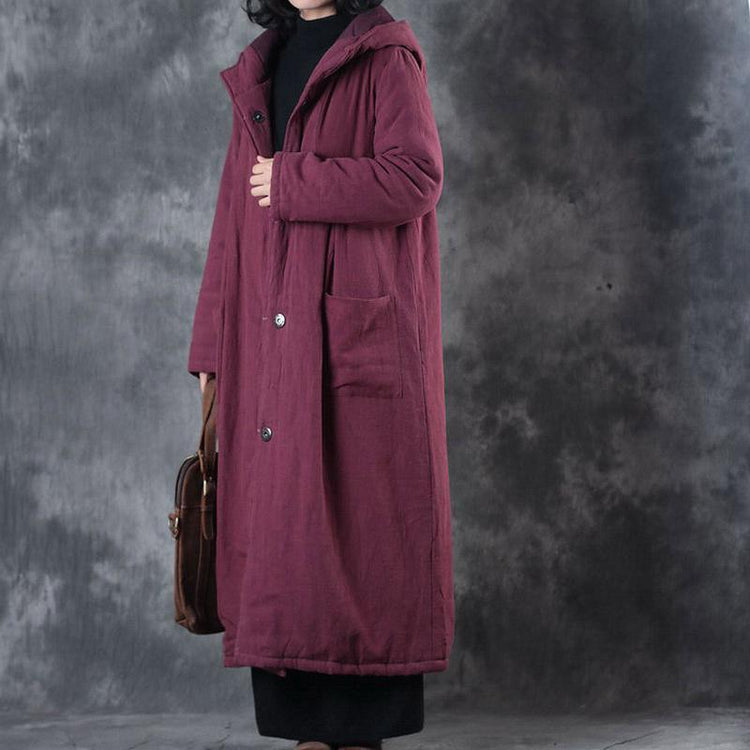Warm red down coat long parkas plus size hooded down overcoat Casual pockets baggy cotton outwear - Omychic