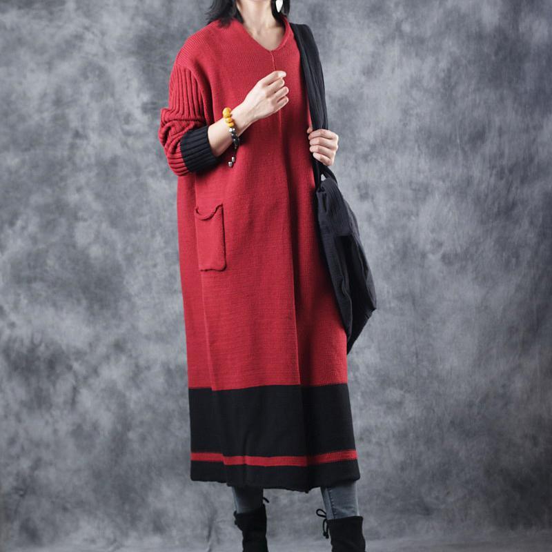 Warm red sweater dress oversized v neck long knit sweaters vintage patchwork winter dresses - Omychic