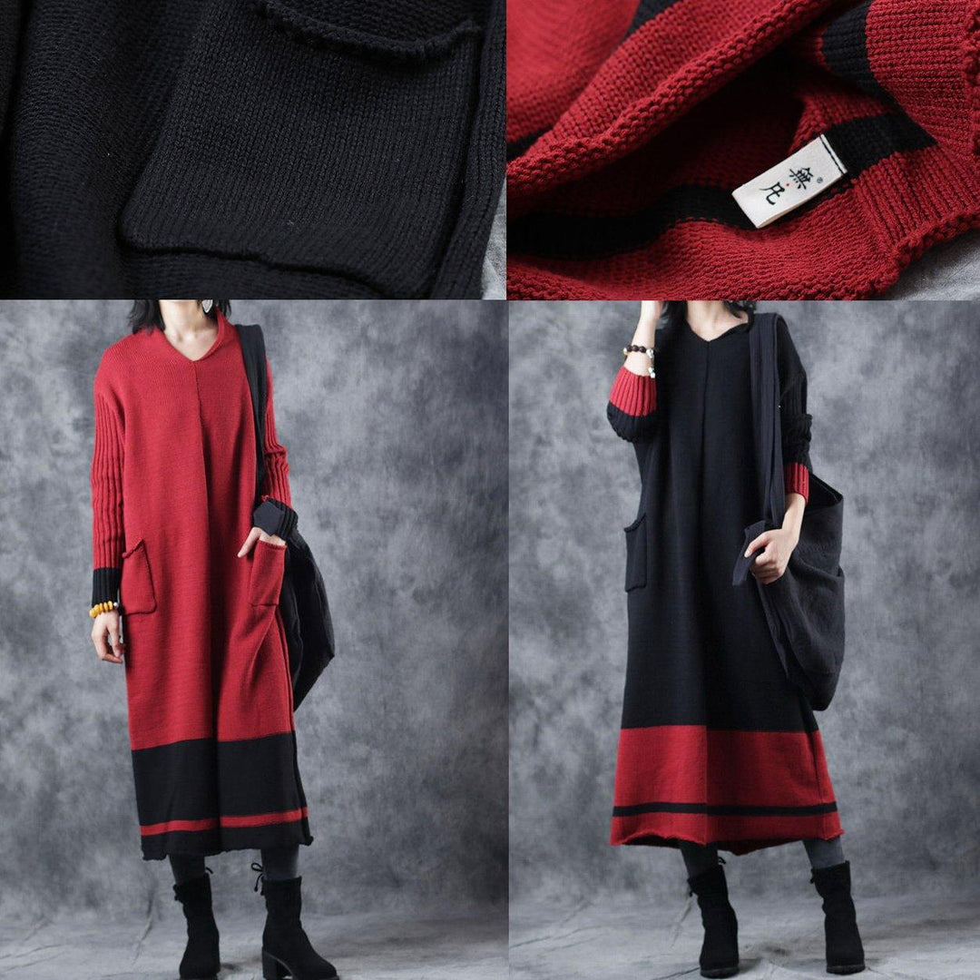 Warm red sweater dress oversized v neck long knit sweaters vintage patchwork winter dresses - Omychic