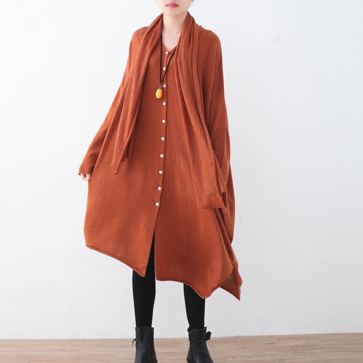 Warm orange red cozy sweater casual asymmetric hem knitted tops casual batwing sleeve shirt - Omychic