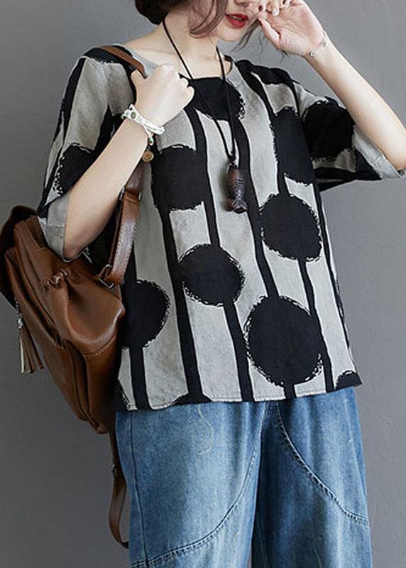 Water Ink Polka Dot Stripe Printed Cotton Linen T-shirt - Omychic