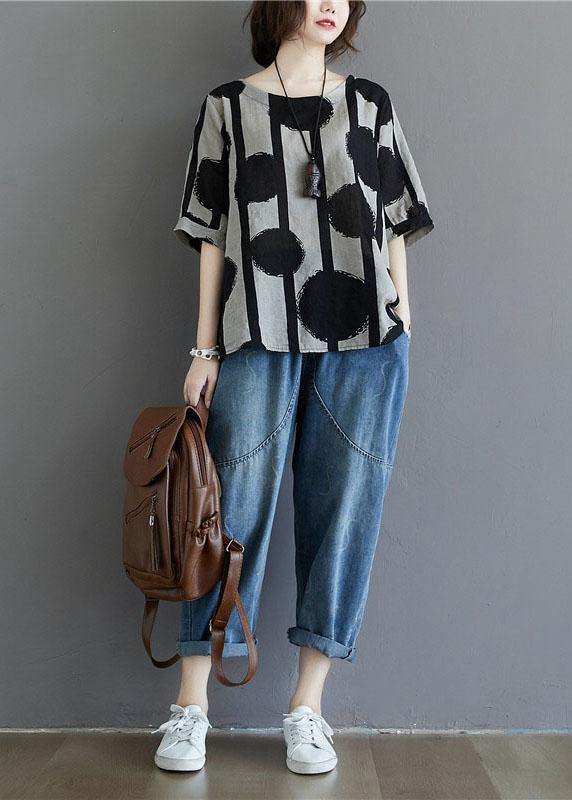 Water Ink Polka Dot Stripe Printed Cotton Linen T-shirt - Omychic