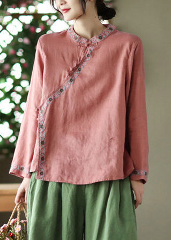 Watermelon Red Embroideried Floral Linen Shirt Long Sleeve