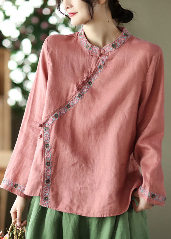 Watermelon Red Embroideried Floral Linen Shirt Long Sleeve