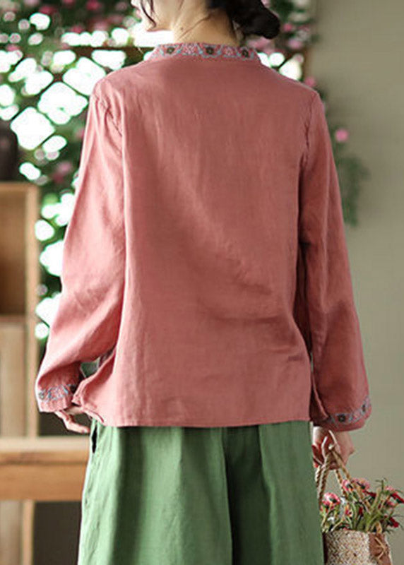 Watermelon Red Embroideried Floral Linen Shirt Long Sleeve