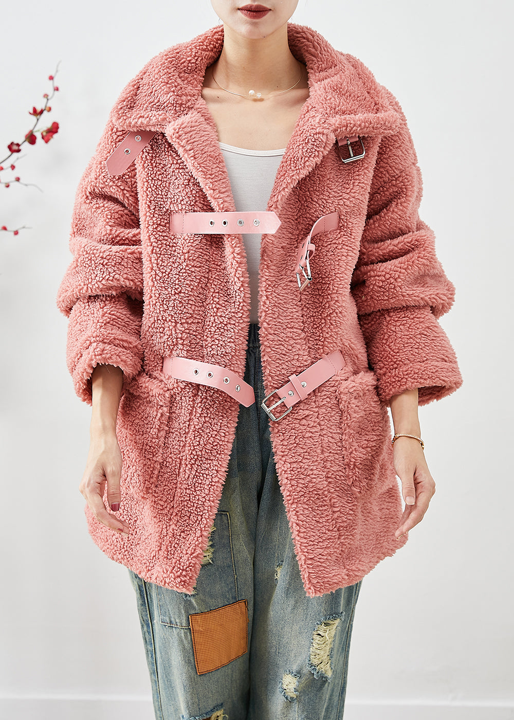 Watermelon Red Thick Faux Fur Fleece Coats Oversized Winter