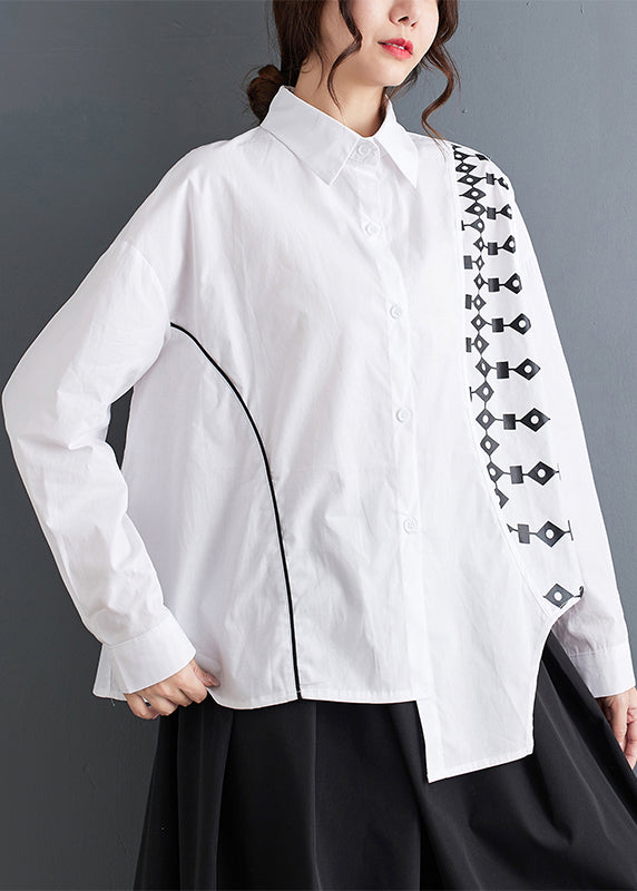 White Button Cotton Blouse Peter Pan Collar Long Sleeve