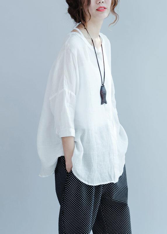 White Button Loose Casual Fall Blouses Three Quarter Sleeve - Omychic