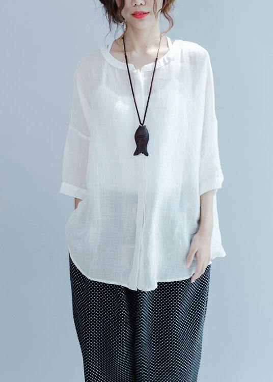 White Button Loose Casual Fall Blouses Three Quarter Sleeve - Omychic