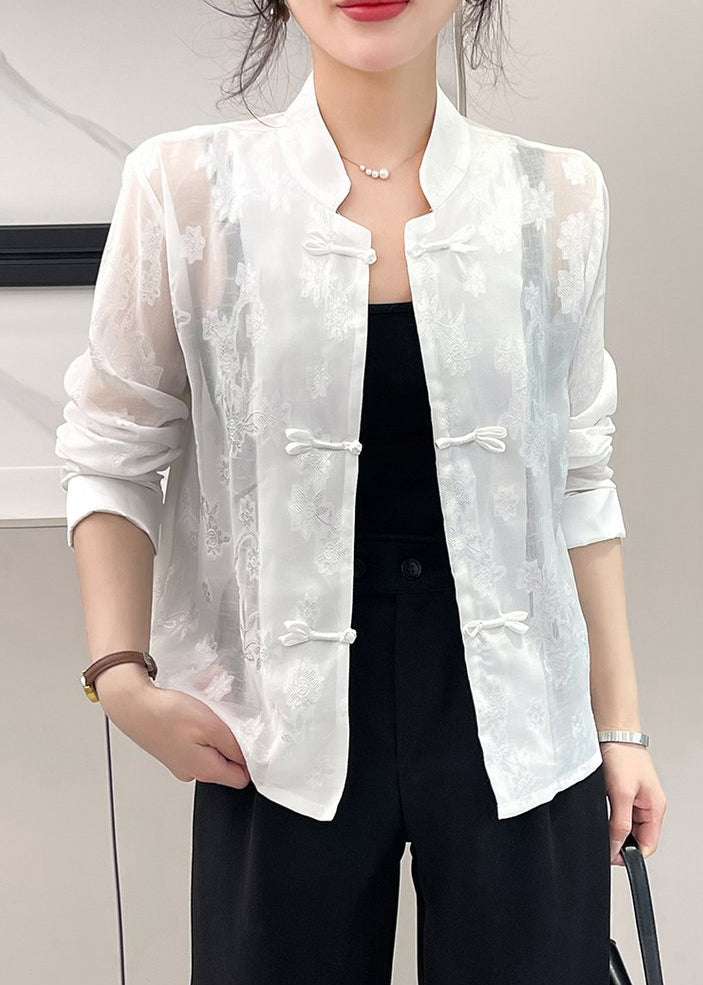 White Button Patchwork Blouse Stand Collar Long Sleeve