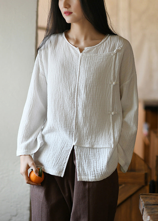 White Button Patchwork Cotton Top O Neck Long Sleeve