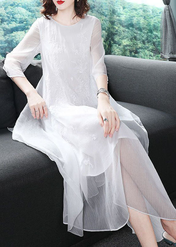 White Chiffon Long Dress Embroideried Asymmetrical Design Summer