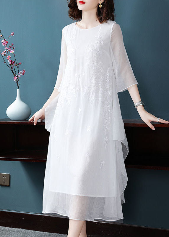 White Chiffon Long Dress Embroideried Asymmetrical Design Summer