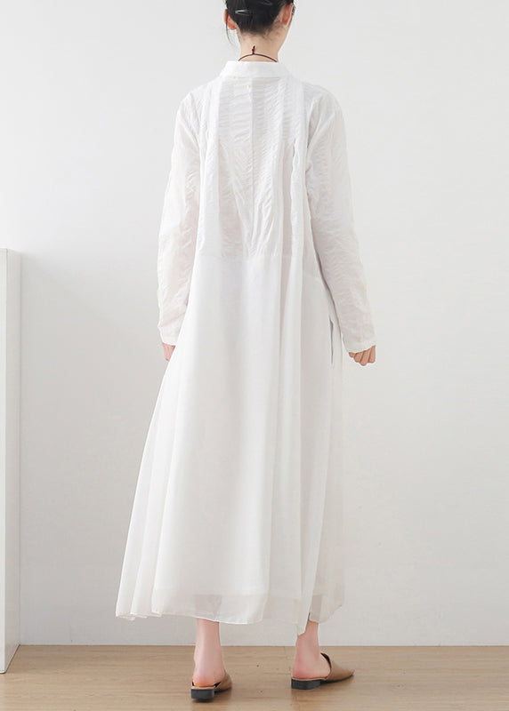 White Chiffon Patchwork Cotton Vacation Dresses Button Long Sleeve