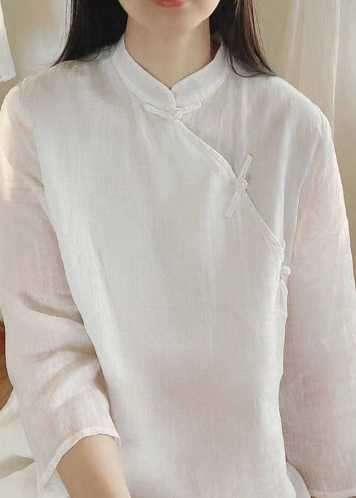 White Chinese Button Cotton Shirt Tops Side Open Spring