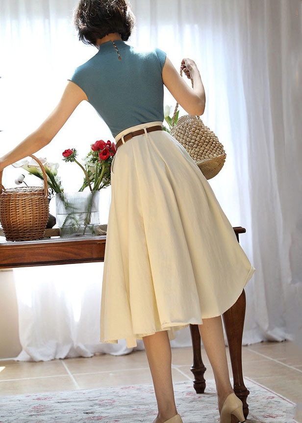 White Cotton Holiday Skirt High Waist Single Breasted Spring