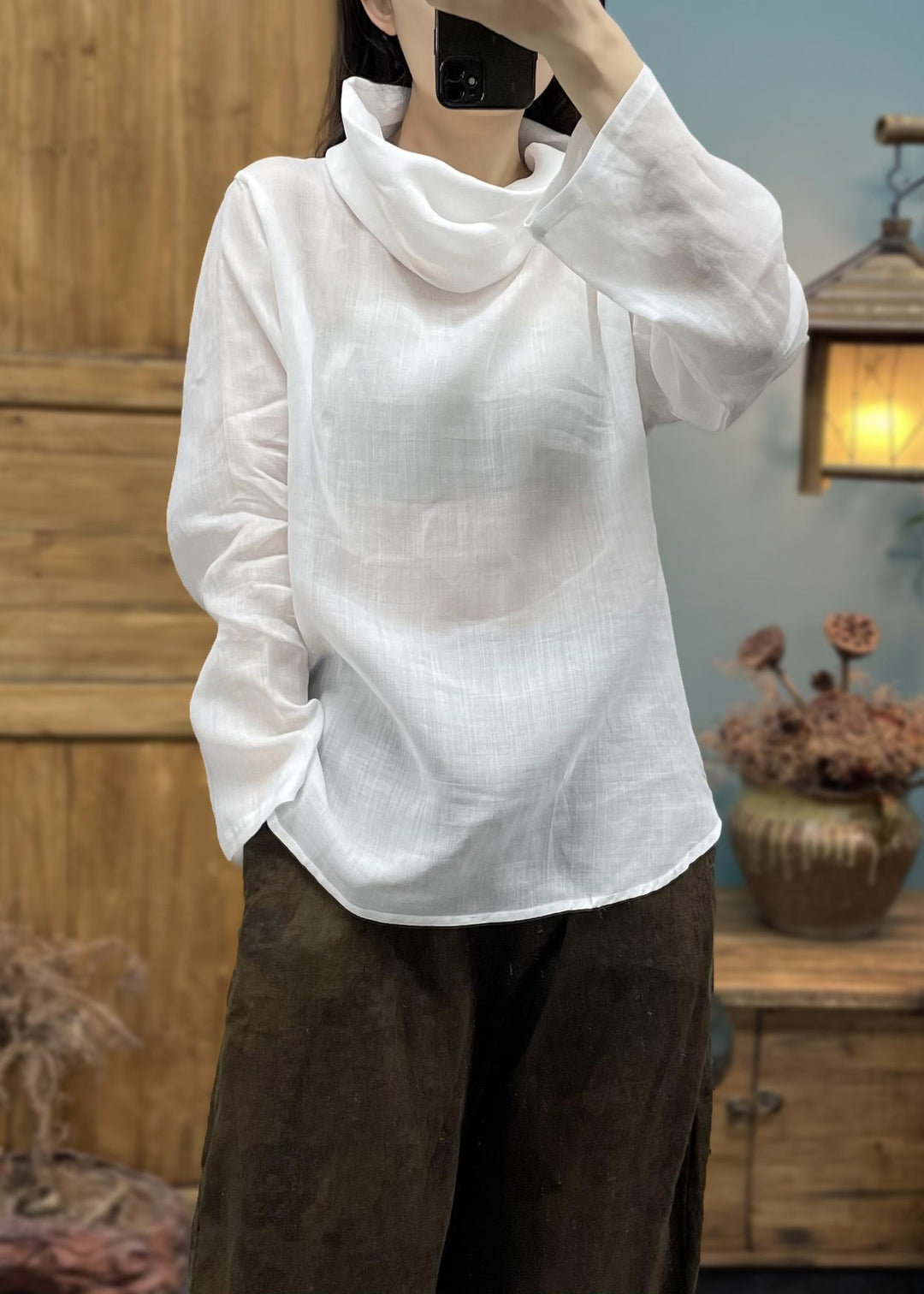 White Cozy Cotton T Shirts Turtleneck Long Sleeve