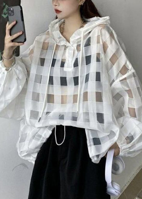 White Drawstring Patchwork Tulle Tulle Top Hooded Summer
