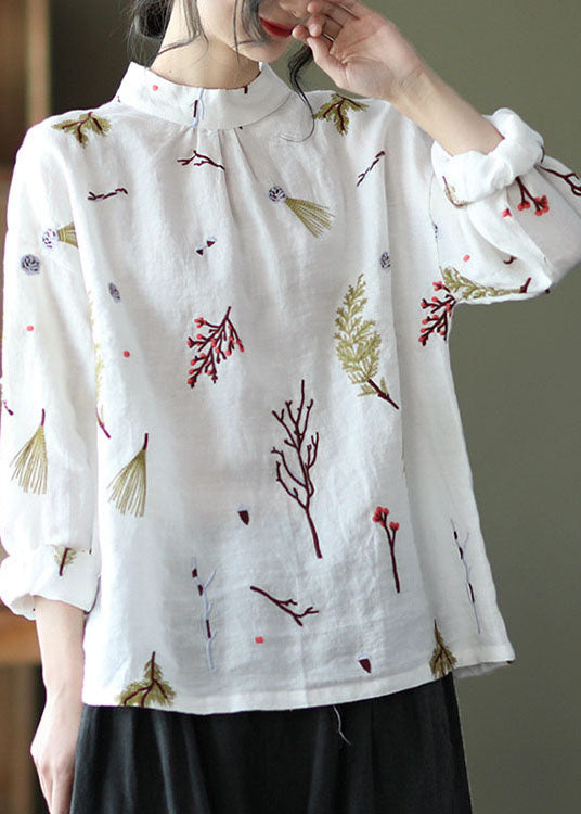 White Floral Linen Stand Collar Shirt Top Long Sleeve