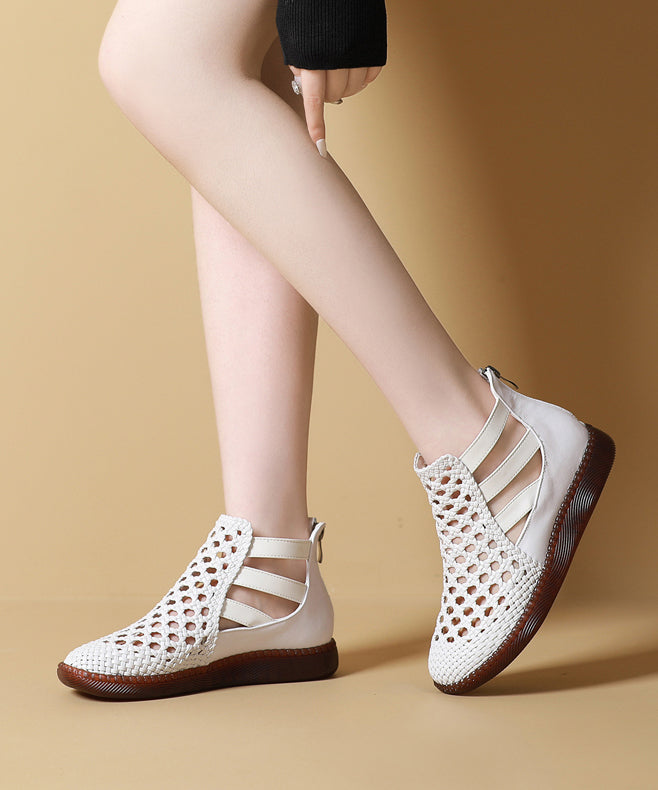 White Hollow Out Sandals Boots Knit Fabric Boho Splicing - Omychic