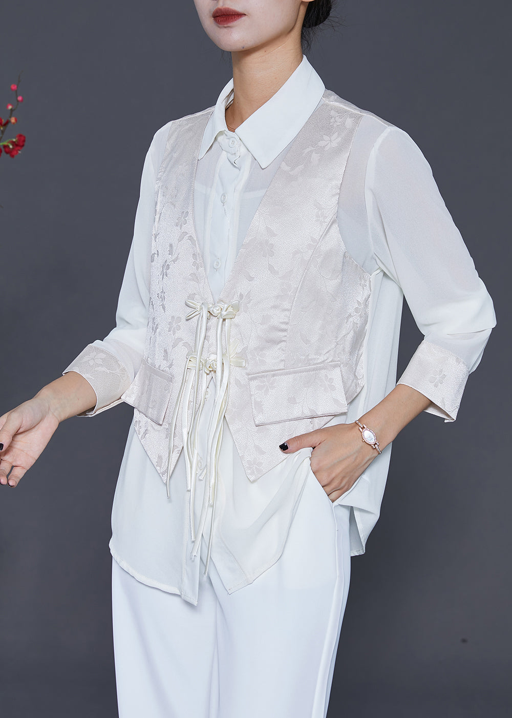 White Jacquard Silk Fake Two Piece Shirt Top Chinese Button Tasseled Fall