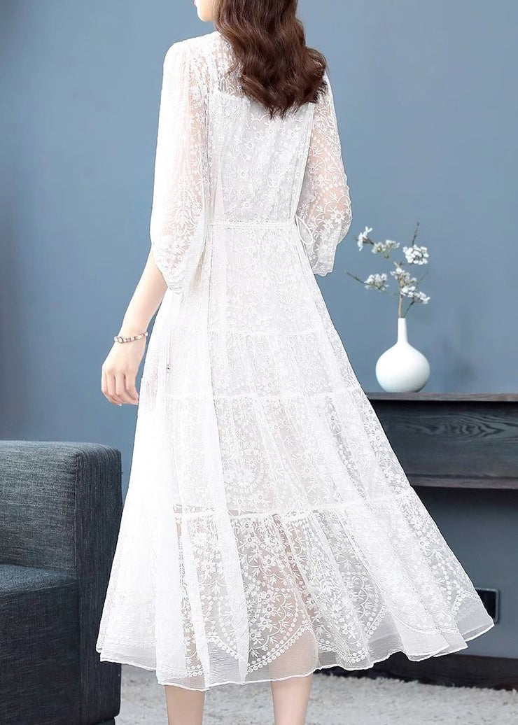 White Lace Up Nail Bead Long Dresses V Neck Summer