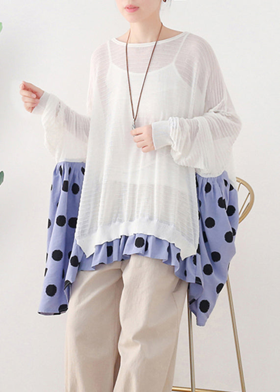White O-Neck Dot Patchwork Cotton Knit Tops Batwing Sleeve