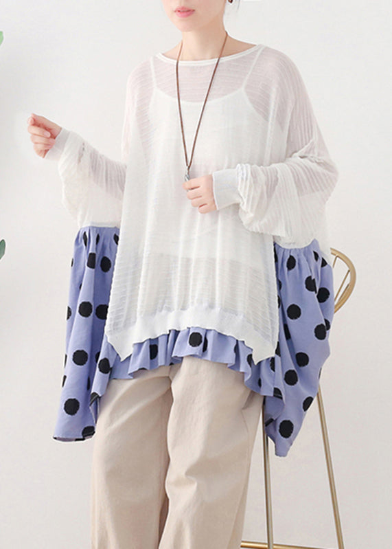 White O-Neck Dot Patchwork Cotton Knit Tops Batwing Sleeve