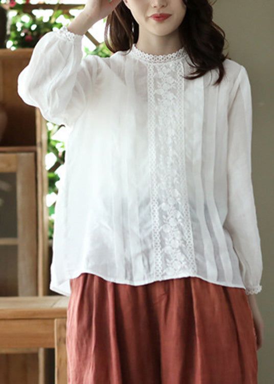 White O-Neck Wrinkled Solid Ramie Top Spring
