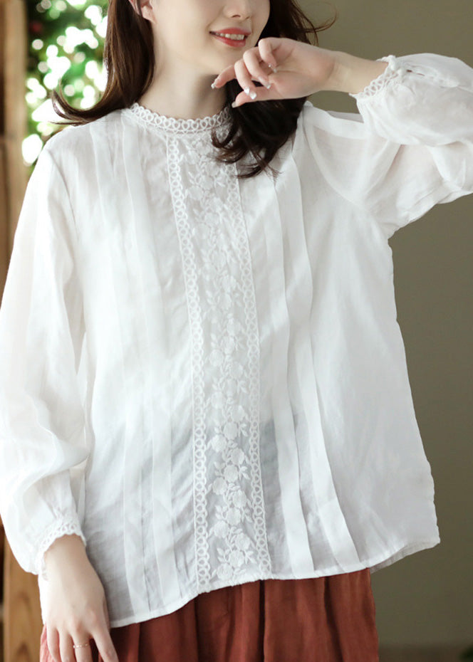 White O-Neck Wrinkled Solid Ramie Top Spring