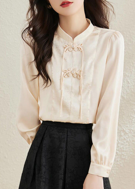White Oriental Chiffon Shirts Chinese Button Jacquard Spring