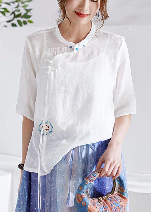 White Oriental Embroideried Summer Ramie Blouses Half Sleeve - Omychic