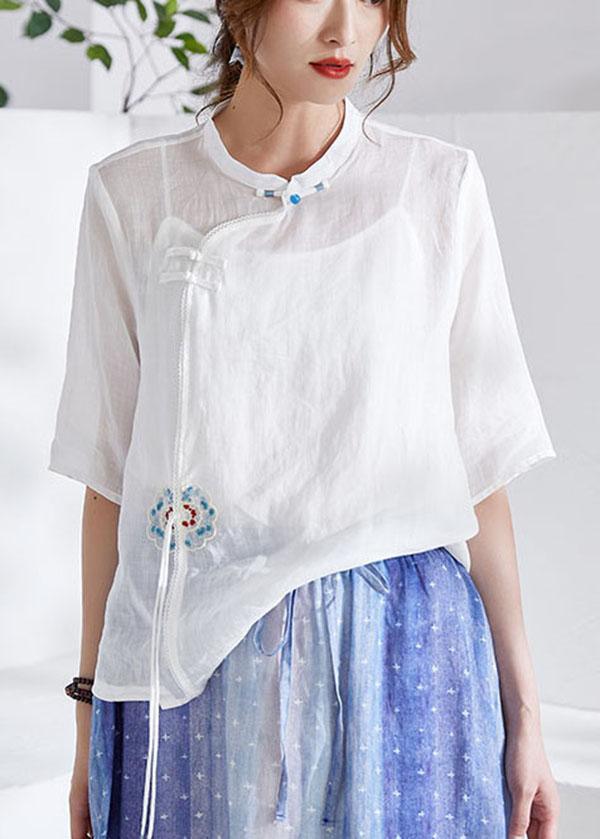 White Oriental Embroideried Summer Ramie Blouses Half Sleeve - Omychic