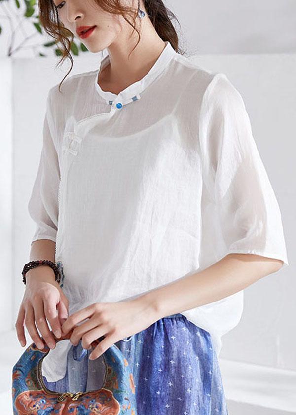 White Oriental Embroideried Summer Ramie Blouses Half Sleeve - Omychic