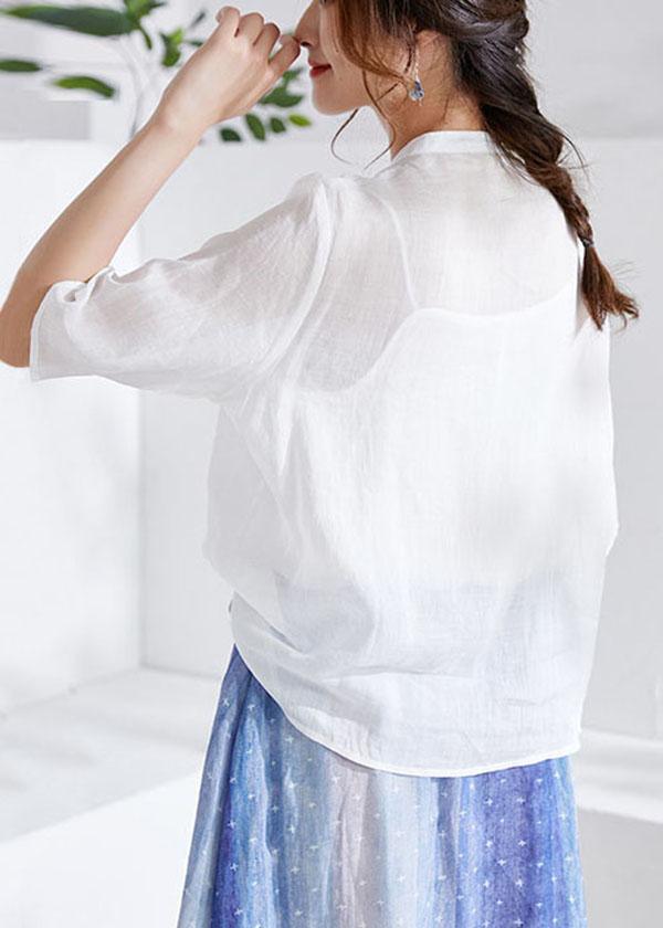 White Oriental Embroideried Summer Ramie Blouses Half Sleeve - Omychic