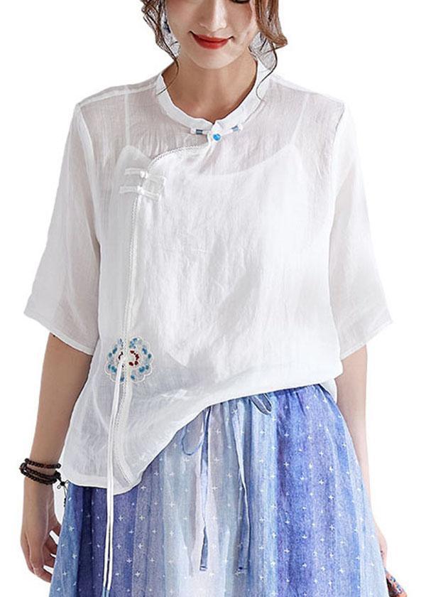 White Oriental Embroideried Summer Ramie Blouses Half Sleeve - Omychic