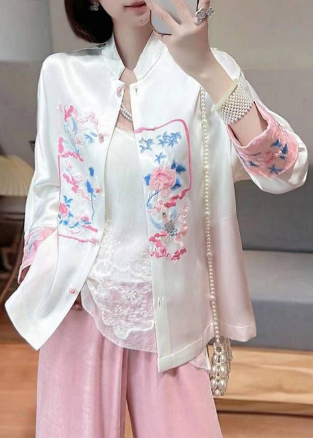 White Oriental Silk Coat Mandarin Collar Embroideried Spring